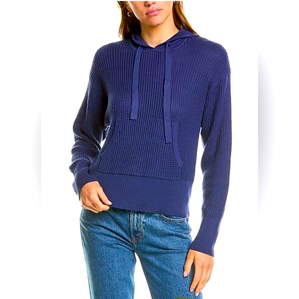 Hannah Rose NWT Sz S Cashmere Blend Waffle Stitch Boxie Thermal Blue Knit Hoodie